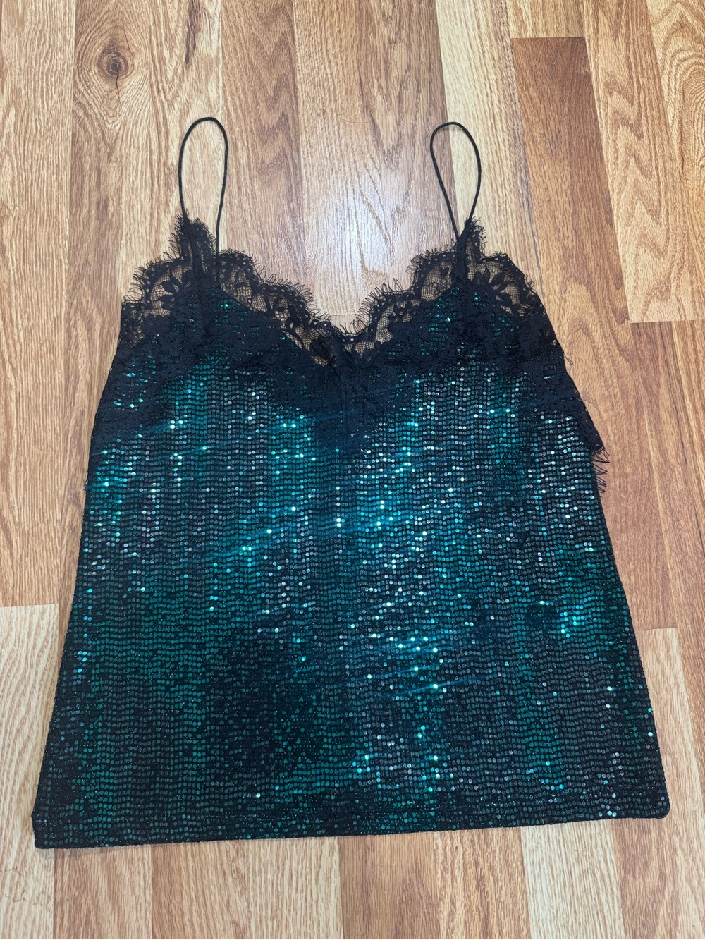 Zara Emerald Green Sequin Cami Top Black Lace Trim Shimmer Sleeveless Size Small